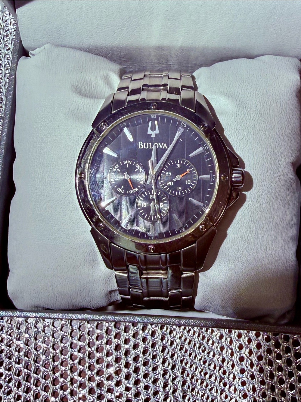 Bulova Marine Star 96C107 Mens Chronograph Watch Black Dial Stainless Steel